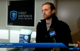 Adam MacVicar from Global News interviews CEO Beau Taylor at the First Defence Calgary facility Adam MacVicar from Global News interviews CEO Beau Taylor at the First Defence Calgary facility